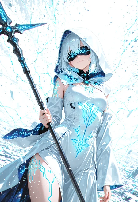 1gril, solo, dynamic angle, cowboy shot, action pose, glowing (circuit tattoo:1.2), robe, detached sleeves, hood up, noble, simulator, blindfold, covered eyes, shaded face, smug, holding polearm, sanctuary, runes, (electricity:0.5), over technology, geometry, white theme, polarized, chromatic aberration, disintegration effect, (abstract expressionism:0.6), fantasy, science fiction, future, ancient, masterpiece, best quality, amazing quality, very aesthetic, absurdres, newest, <lora:circuit_tattoo:1>