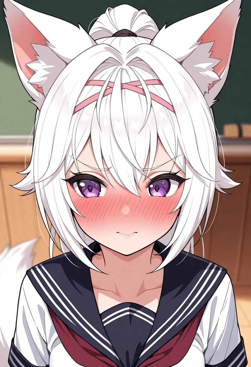 portrait, solo, woman, filian, purple eyes, white hair, fox ears, school uniform, serafuku, tail, ponytail, holding an brown icecream, blushing, high quality, best quality, masterpiece, 4k resolution, anime