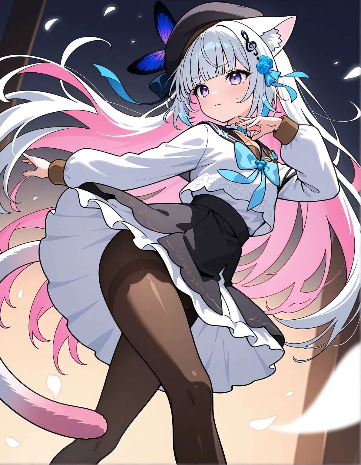 masterpiece, perfect quality, best quality, absolutely eye-catching, absurdres, highres, newest,  <lora:katagiriakiillustriousXL:1>, 1girl, katagiriaki, beret, dynamic pose, dutch angle, pantyhose,