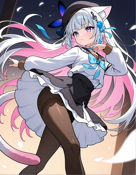 masterpiece, perfect quality, best quality, absolutely eye-catching, absurdres, highres, newest, <lora:katagiriakiillustriousXL:1>, 1girl, katagiriaki, beret, dynamic pose, dutch angle, pantyhose,
