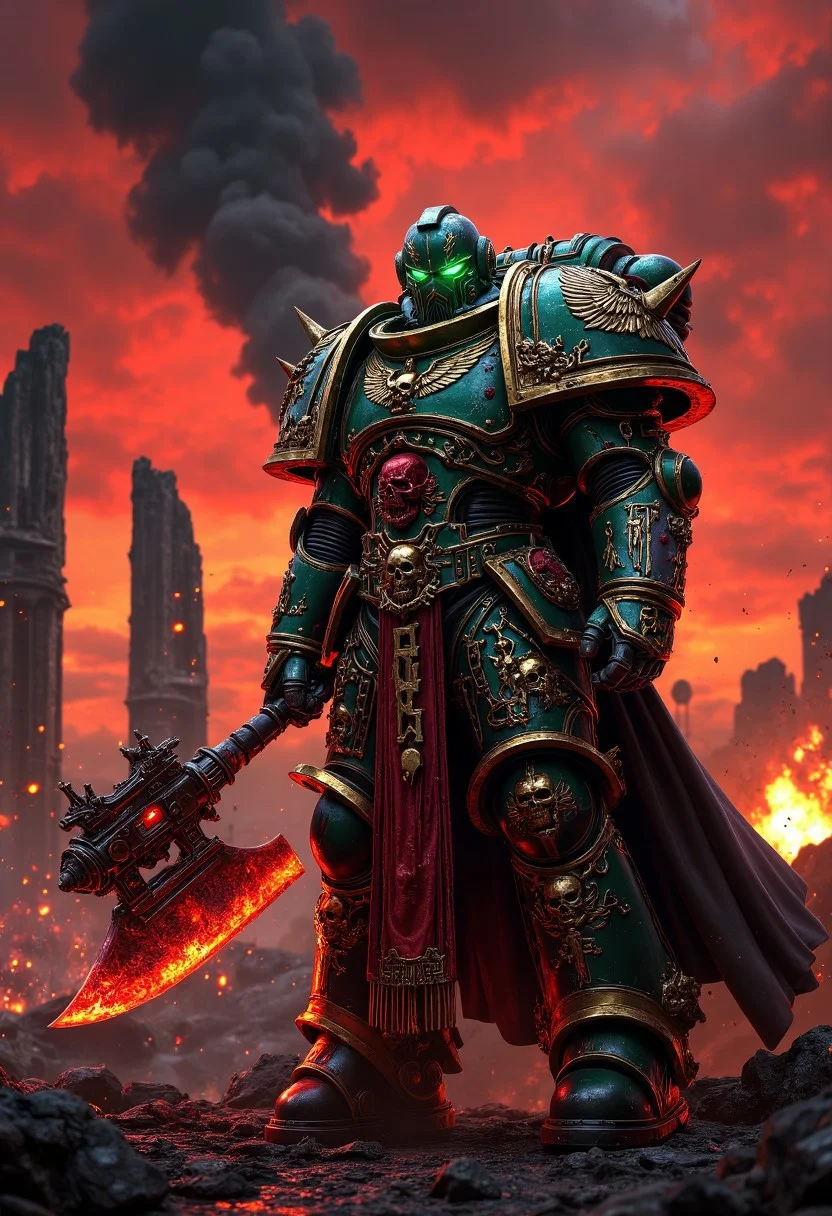 A Chaos Space Marine in full battle armor, standing amidst a war-torn battlefield. His armor is an intricate fusion of ancient, corrupted metal and twisted organic growths, glowing with chaotic energy. The armor plates are etched with unholy runes, and dark, crimson blood oozes from the cracks, pulsating with an eerie light. Wickedly sharp spikes and jagged chains adorn his shoulders and gauntlets, while a massive, barbed power axe crackles with red lightning in his hand. In the background, colossal ruins burn under a blood-red sky, as black smoke rises, illuminated by sporadic explosions. Faint echoes of demonic whispers fill the air. The scene is lit with harsh, dynamic lighting that casts deep shadows and highlights the metallic sheen and organic textures of his armor. The glowing eyes of the Chaos Space Marine pierce through the darkness, emanating an unsettling, otherworldly green glow. The atmosphere is thick with fog and drifting ash, creating an intense, apocalyptic mood. Photorealistic, 8K resolution, hyper-detailed, cinematic composition.