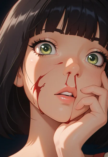 masterpiece, best quality, amazing quality, BSSPYCB, 1girl, solo, looking at viewer, short hair, black hair, green eyes, parted lips, medium hair, hand up, blunt bangs, eyelashes, lips, blood, shadow, portrait, close-up, hand on own face, blood on face, nosebleed