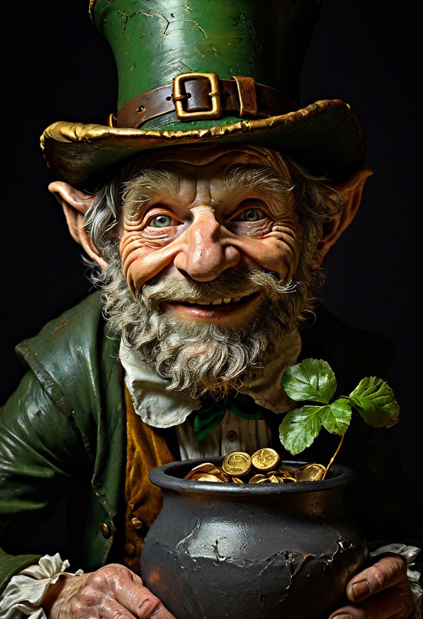 photorealistic, Renaissance chiaroscuro, leprechaun portrait, dark background, strong directional light, detailed wrinkled face, mischievous expression,  sparkling eyes, weathered hands, hidden pot of gold