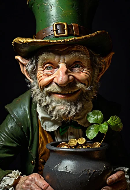 photorealistic, Renaissance chiaroscuro, leprechaun portrait, dark background, strong directional light, detailed wrinkled face, mischievous expression,  sparkling eyes, weathered hands, hidden pot of gold