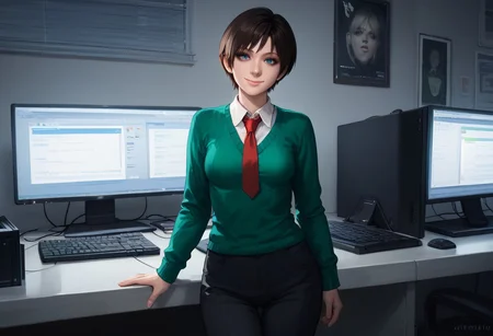 score_9, score_8_up, score_7_up, rebecca-chambers, resident evil, 1girl, solo, necktie, short hair, red necktie, pants, looking at viewer, monitor, realistic, shirt, black hair, sweater, white shirt, collared shirt, blue eyes, green sweater, indoors, breasts, nose, computer, smile, standing, lips, cowboy shot, keyboard (computer), watermark