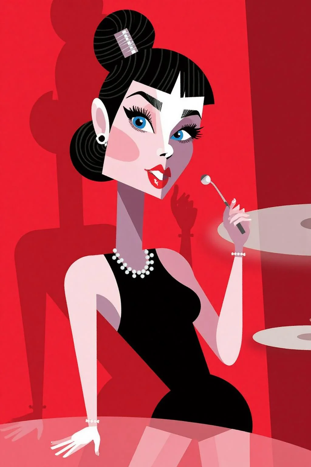The image is a stylized, modern digital drawing in a pop art palo1 illustration. The image is a digital drawing in a stylized, cartoonish art style. The subject is a stylized, exaggerated woman, Audrey Hepburn, wearing a sleeveless, black little dress. Her face is elongated with a prominent jawline and large, expressive eyes,. She has a red lipsticked mouth open as if singing. The figure's skin is depicted in a light pink hue. She wears a pearl necklace and wears an elegant updo, as in the movie Breakfast at Tiffany's <lora:palo1_cap_d6a3e12:1.0><lora:821352619504111386:0>