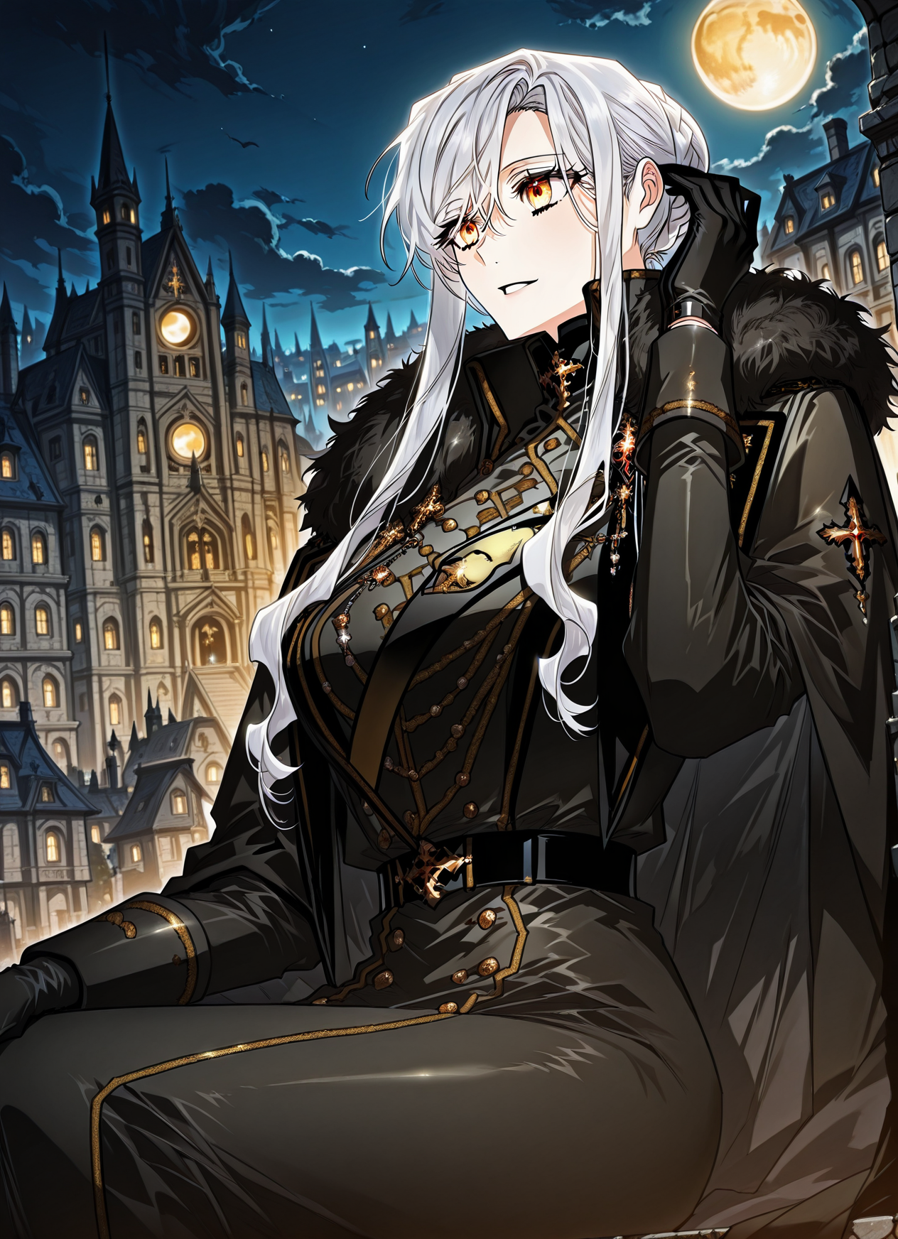 <lora:Sigrid__Sigrid__Illustrious v2:1>
Sigrid, 1girl, solo, long white hair, golden eyes, black military uniform, golden decorations, fur-trimmed cape, black gloves, serious expression, elegant, formal, sigrid_black_ceremonial_uniform
score_9, score_8_up, score_7_up, very aesthetic, source_anime, detailed, high quality, beautiful, masterpiece, detailed eyes, castle, village, blurry background, cityscape, pose dynamic angle, light smile, open mouth, hand on hair, sitting, night, golden moon, <lora:iLLMythG0thicL1nes:1>