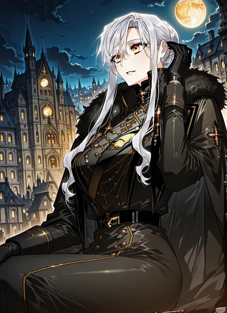 <lora:Sigrid__Sigrid__Illustrious v2:1>
Sigrid, 1girl, solo, long white hair, golden eyes, black military uniform, golden decorations, fur-trimmed cape, black gloves, serious expression, elegant, formal, sigrid_black_ceremonial_uniform
score_9, score_8_up, score_7_up, very aesthetic, source_anime, detailed, high quality, beautiful, masterpiece, detailed eyes, castle, village, blurry background, cityscape, pose dynamic angle, light smile, open mouth, hand on hair, sitting, night, golden moon, <lora:iLLMythG0thicL1nes:1>