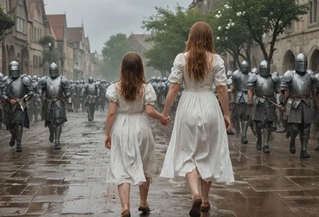 1 girl with an army of knights.
(happy little girl in clean white dress) runs with a white flower in her hand towards background (facing away) from camera. back turned.
(The Army of Knights is covered with blood and wounds), marching from right to left in background.
Masterpiece, DonMSt34mPXL, Realistic Lightning, Cinematic Lightning, Dark Lightning, Rain, Puddle, Clouded Sky, medieval, fantasy, pedestrians, Cape, Reflection, 1girl, army