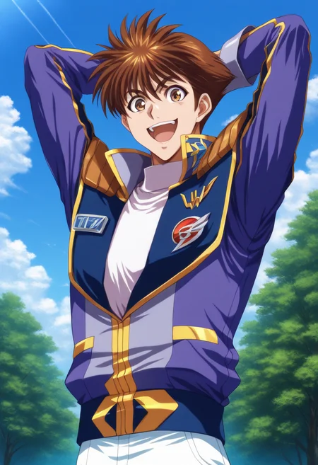 <lora:ryuusei_date>,ryuusei date,1boy,male focus,solo,smile,open mouth,clenched hand,arms behind head,jacket,looking at viewer,arms up,pants,:d,stretching,white pants,blue jacket,upper body,teeth,shirt,white shirt,outdoors,masterpiece,high score,great score,absurdres,