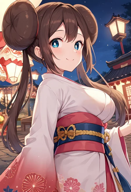score_9, score_8_up, score_7_up, solo, 1girl, Rosa_(Pokemon), blue_eyes, white_pupils, brown_hair, long_hair, double_bun, twintails, medium_breasts, kimono, night, festival, smile, closed_mouth, blush, looking_at_viewer, from_behind,