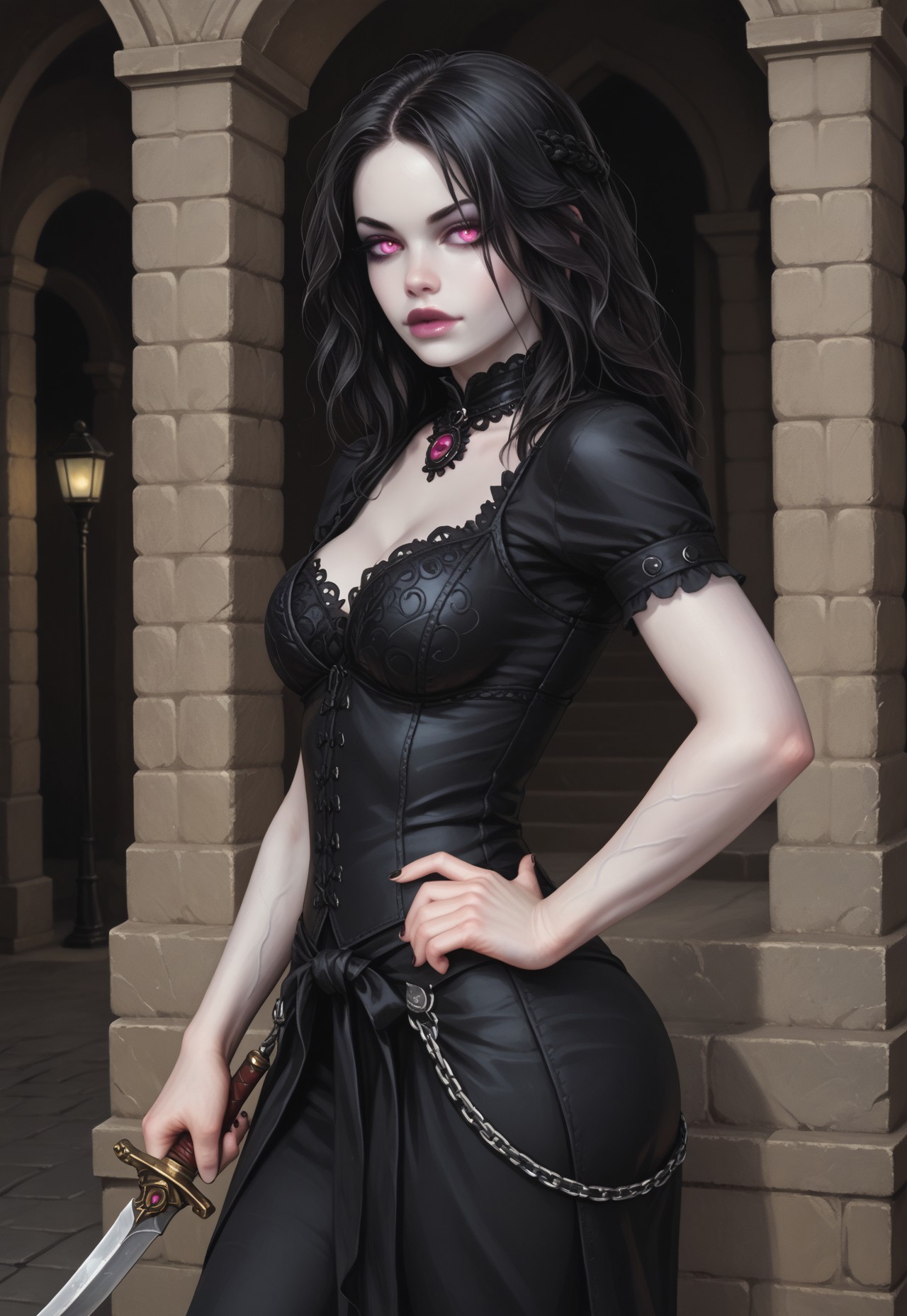 safe_pos, core_9, score_8_up, score_8, semi realistic, ultra detailed, 8k, high quality, hi res, high quality, detailed eyes, perfect eyes, detailed face, 1girl, sharp focus, cowboy-shot, focus on hip, (1girl:1.2), ((shadow weaver, dark ethereal robes)), (((shadow dagger in hand))), (pale skin with dark veins:1.6), ((long flowing black hair with silver streaks, realistic, cinematic angle, cinematic lighting, slender body, mysterious face, glowing violet eyes, stealthy pose))
BREAK
emerging from a dark alleyway in a gothic city at twilight
BREAK
source_dark_fantasy_art, rating_explicit, expressive, half body, (side view), dynamic pose
BREAK
((detailed beautiful background, gothic architecture, flickering street lamps, misty atmosphere, ancient stone buildings, eerie shadows, mysterious ambiance))
(((full clothed)))