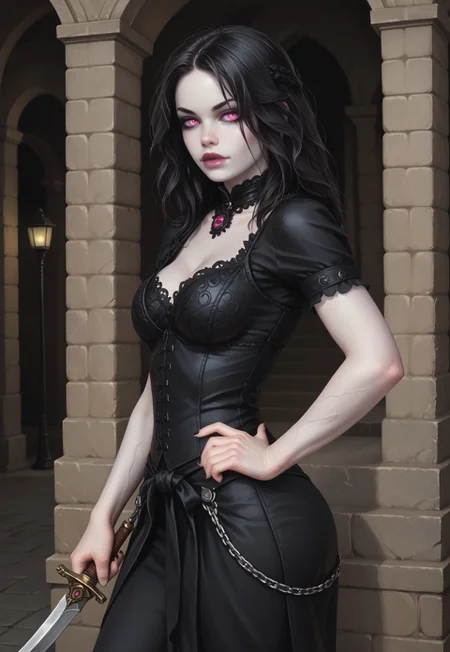 safe_pos, core_9, score_8_up, score_8, semi realistic, ultra detailed, 8k, high quality, hi res, high quality, detailed eyes, perfect eyes, detailed face, 1girl, sharp focus, cowboy-shot, focus on hip, (1girl:1.2), ((shadow weaver, dark ethereal robes)), (((shadow dagger in hand))), (pale skin with dark veins:1.6), ((long flowing black hair with silver streaks, realistic, cinematic angle, cinematic lighting, slender body, mysterious face, glowing violet eyes, stealthy pose))
BREAK
emerging from a dark alleyway in a gothic city at twilight
BREAK
source_dark_fantasy_art, rating_explicit, expressive, half body, (side view), dynamic pose
BREAK
((detailed beautiful background, gothic architecture, flickering street lamps, misty atmosphere, ancient stone buildings, eerie shadows, mysterious ambiance))
(((full clothed)))
