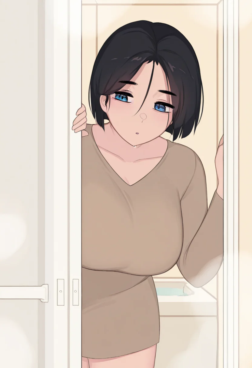 1girl, solo, akiyama yuko, blue eyes, black hair, short hair, brown shirt, long sleeves, 
leaning against doorframe, damp hair sticking to skin, slightly parted lips, warm bathroom lighting, steam in background, high detail
<lora:Character_Akiyama Yuko:1>