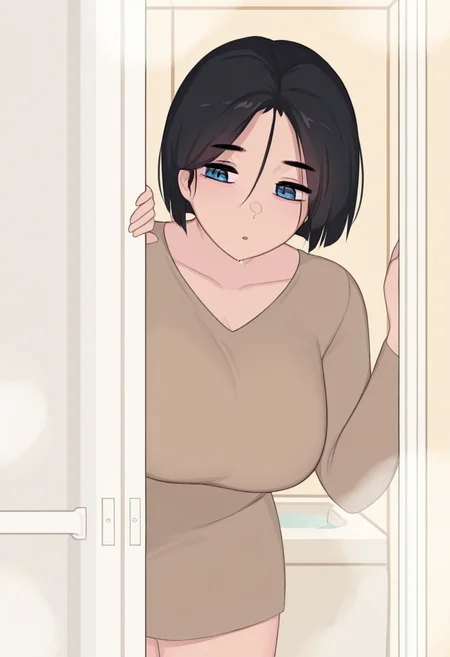 1girl, solo, akiyama yuko, blue eyes, black hair, short hair, brown shirt, long sleeves, 
leaning against doorframe, damp hair sticking to skin, slightly parted lips, warm bathroom lighting, steam in background, high detail
<lora:Character_Akiyama Yuko:1>