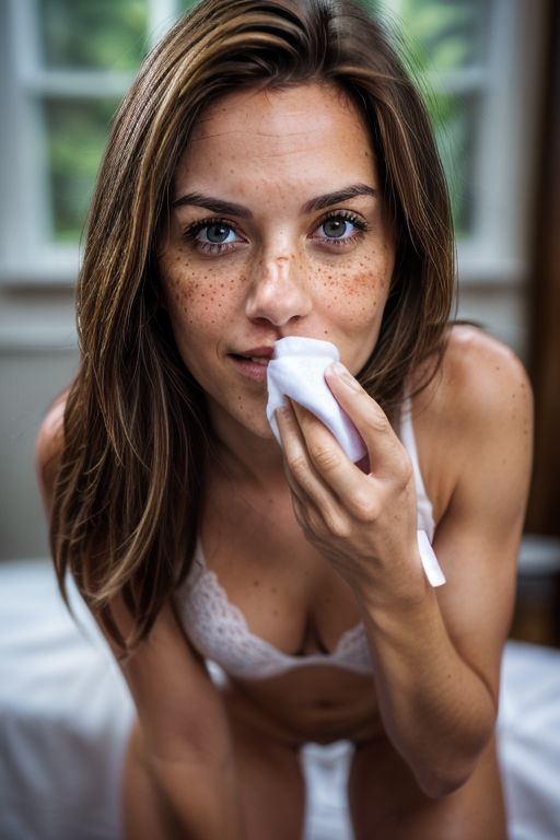 (Woman, Sweeping the edge of her mouth with a tissue :1.2) shot of attractive 30 years old women, very desirable, attractive, seductive, flirty, (beautiful face:1.1), detailed eyes, smile, (face freckles:1), (pointy heavy tits:1) thin waist, slender legs,, (toned body:1.4), (brown hair:1.1), (messy hair:1.4) (8k, RAW photo, best quality, ultra high res, photorealistic, masterpiece, ultra-detailed, Unreal Engine),highres, masterpiece , wide shot (sharp focus:1.2), (realistic:1.3),(photorealistic:1.3),ultra-detailed, (high detailed skin:1.2), 8k uhd, dslr, soft lighting, ,  (beautiful face:1.3), (detailed face:1.2), High quality, ultra realistic, 8k resolution,  ,wearing school uniform, white shirt, bra, red plaid miniskirt, fishnet thigh-highs, underwear, , OverallDetail,