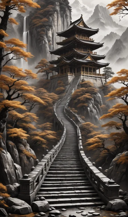 forgotten temple, break stairs, bridge,  on parchment,  black and white, stair to behind mountains, (japanese Writing in brown and gold), trending on ArtStation , intricate details, masterpiece, best quality, (Use Dream Diffusion Secret Prompt), (Epic), <lora:3D_Framed_Wall_Art_-_By_DICE:1>, UHD,melting ink