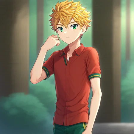 solo, blonde hair, solo focus, 1boy, proportional, short hair, green eyes, bangs