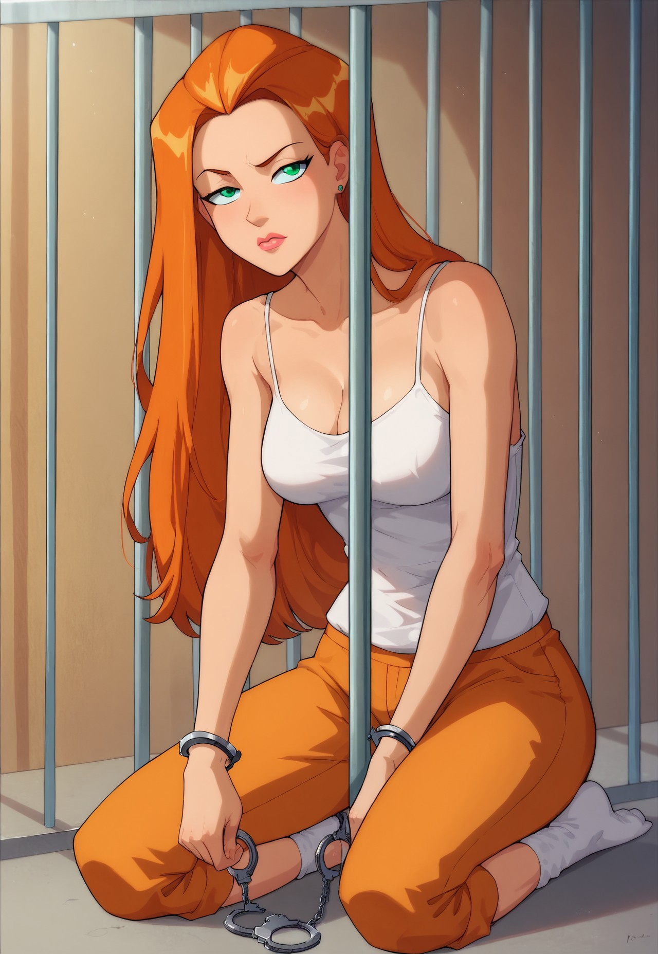 safe_pos, score_9, score_8_up, score_7_up, tssam, long hair, orange hair, white camisole, orange prison pants, bored, white socks, prison cell, closeup, handcuffs, breasts