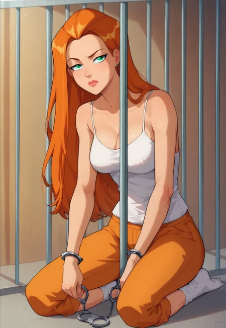 safe_pos, score_9, score_8_up, score_7_up, tssam, long hair, orange hair, white camisole, orange prison pants, bored, white socks, prison cell, closeup, handcuffs, breasts