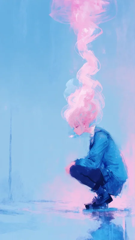 masterpiece, newest,absurdres,incredibly absurdres, best quality, amazing quality, very aesthetic, 
1girl, squatting, pink hue, blue theme, smoke,
 <lora:fuyumur4s4ki_style:1> fuyumur4s4ki_illu <lora:0__11Xx:1> 0__11Xx_illu