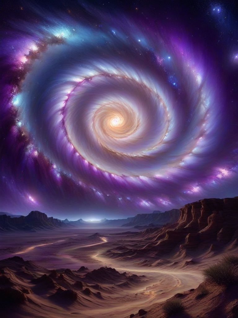 galaxy, (masterpiece), (extremely intricate:1.3), (realistic),a scene of a desert at night, in the sky a spiral purple galaxy, dark scene, realistic, 4k, masterpiece