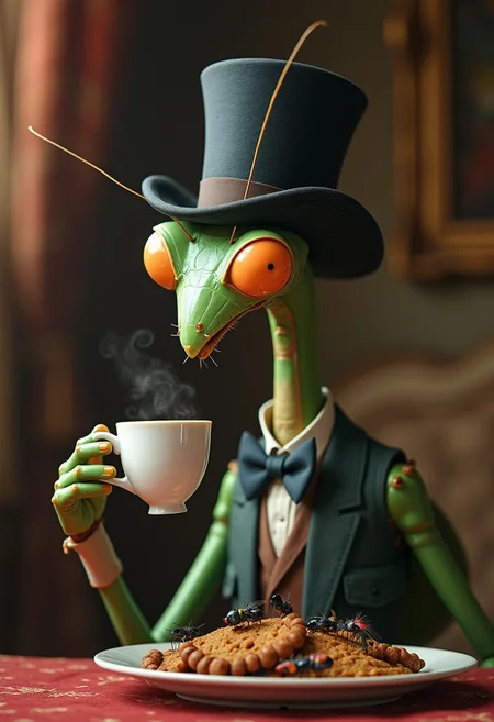 A very distinguished and well-dressed praying mantis wearing a top hat is drinking a nice cup of tea and enjoying a snack of flies and other insects. The room is elegant and palatial. His demeanor is sophisticated and refined.