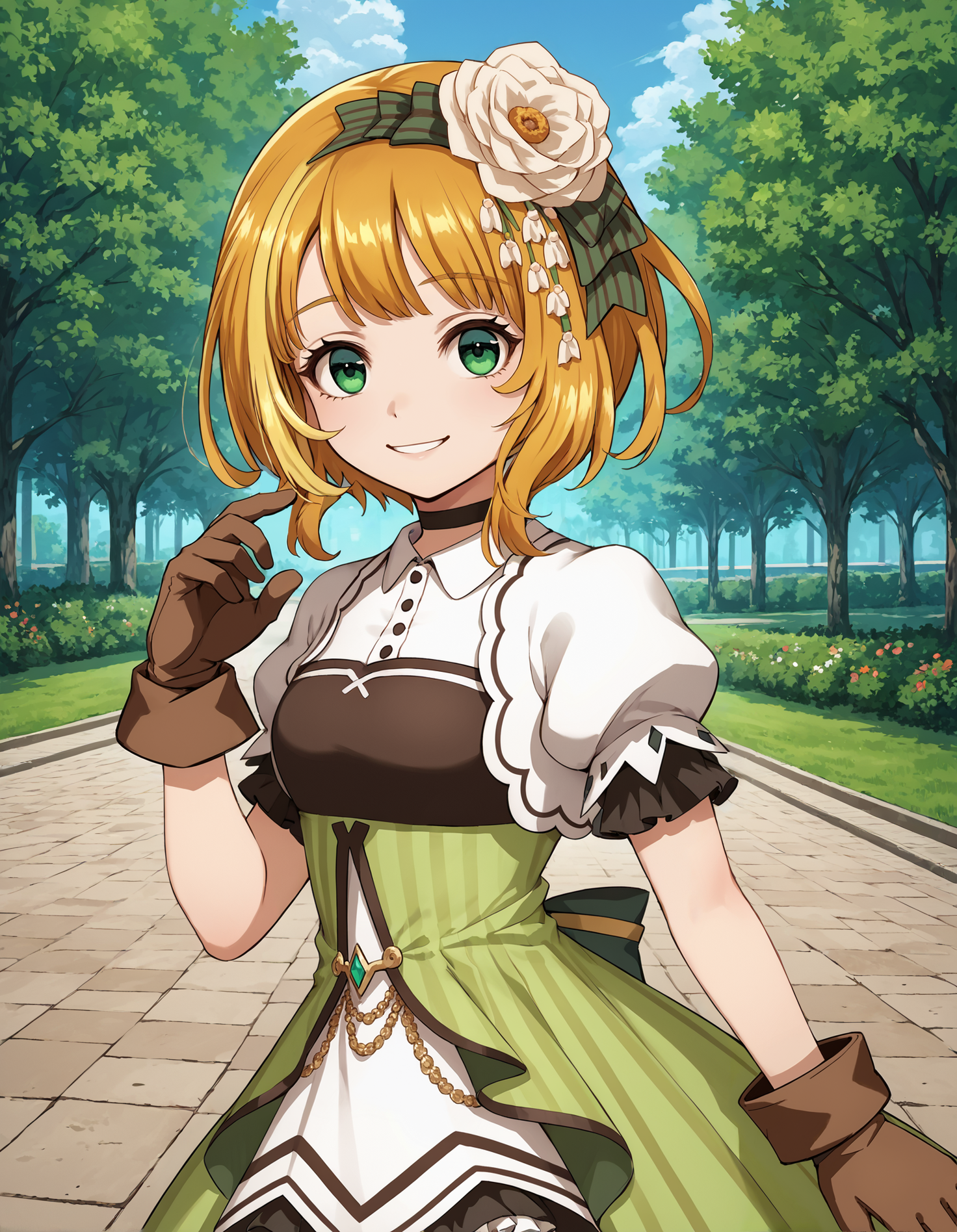 score_9, score_8_up, source_anime, 1girl, upper body, medium shot, detailed, mgrckonomiharuna, knmmgc, blonde hair, short hair, green eyes, looking at viewer, hair ornament, hair flower, choker, white collared jacket, white short puffy sleeves, green dress, green back bow, brown frilled skirt, white frills, brown gloves, light smile, hand up, outdoors, park, day, (side view:0.6), <lora:mgrckonomiharuna_XL:1>