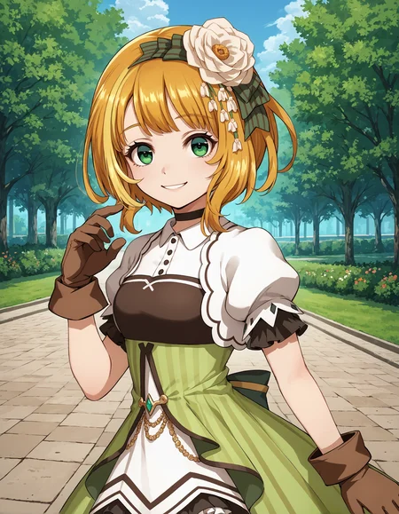 score_9, score_8_up, source_anime, 1girl, upper body, medium shot, detailed, mgrckonomiharuna, knmmgc, blonde hair, short hair, green eyes, looking at viewer, hair ornament, hair flower, choker, white collared jacket, white short puffy sleeves, green dress, green back bow, brown frilled skirt, white frills, brown gloves, light smile, hand up, outdoors, park, day, (side view:0.6), <lora:mgrckonomiharuna_XL:1>