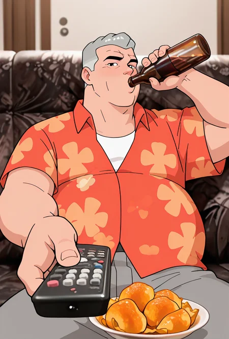 <lora:max-05:1> max, collared red shirt, grey hair, 1boy, short hair, short sleeves, hawaiian shirt, floral print, looking at viewer, expressive, posing, chubby, <lora:ManWatchingTVMeme_illusXLNoobAI_Incrs_v1:1> sitting, holding bottle, holding remote control, controller, on couch, drinking, looking at viewer, food, masterpiece, best quality, amazing quality, very aesthetic, absurdres, newest,