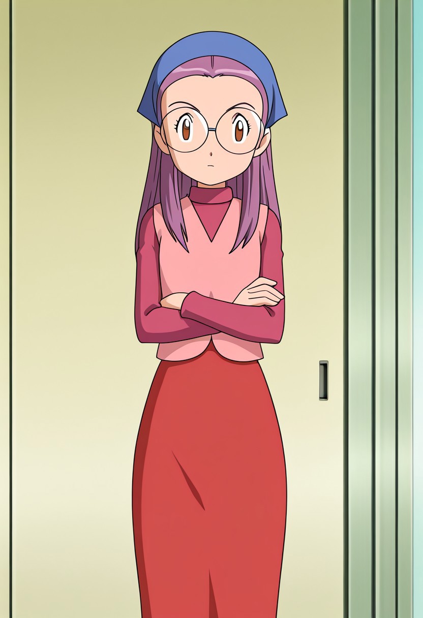 anime screencap, anime art style, digimon adventure 02, yolei inoue, 1outfit, headscarf, bandana, kerchief, head covering, round glasses, eyewear, 1girl, solo, glasses, crossed arms, brown eyes, long hair, purple hair, looking at viewer, pink vest, sleeveless jacket, long sleeve shirt, red top, red skirt, long skirt,1 Character