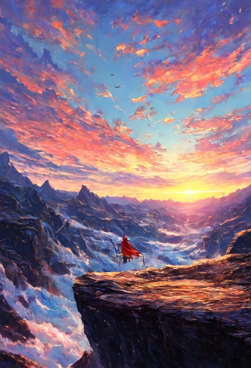 GOTPV1.0, rating_safe, breathtaking detailed, masterpiece, absurdres, awe-inspiring, best quality, vibrant colors, high_quality, best_quality, highres, 8k, fantasy landscape, epic mountains, glowing sunset, warrior and mage on cliff, long red cloak, shining armor, glowing magical staff, golden sunlight, dramatic clouds, river of light, high fantasy setting, cinematic composition, warm light, birds flying, wide angle, misty valley, atmospheric depth, magical atmospheret <lora:IL_Gothic_Oil_Painting_-_IL-000011.safetensors:1.0:1.0>