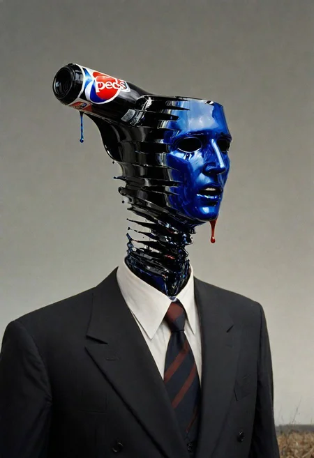 A hollow body, emerging from the neck a soul of light, the one that replaces what was once the man inside the suit and tie: and it hasn't. Nothing can replace it, yet the corporate logos, the Pepsi, the Coke, the Nintendos and so on speak through its neck and somewhere in the static, like an enigmatic face pressed against a saran wrap wall, it screams. And you see it there, late at night in the mirror: he is alive in there in the screaming thing that wakes into television and presses into its pillow like death like death like all that has wept and long gone down into the grave of night, the one that never sleeps now, and besides, the light stays on in the daytime too