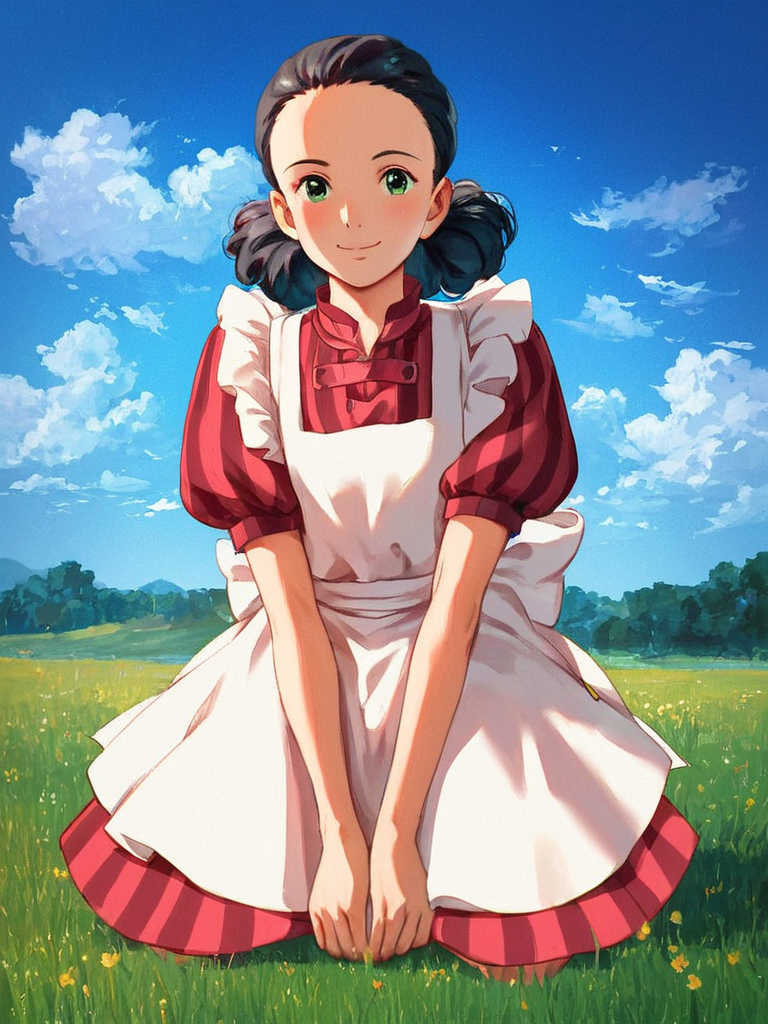 score_9, score_8_up, score_7_up, score_6_up, score_5_up, score_4_up, highest quality, intricately detailed, masterpiece
,detailed textures, realistic lighting, perfect detailed face, perfect detailed body
.[Main:0    ] young girl
.[Photo:0  ] full body
.[Action:0 ] kneeling
.[Details:0]
.[Body:0   ]
.[Cloth:0   ] dress, apron, puffy shoulders
.[Hair:0     ] black hair
.[Face:0     ] forehead, slightly green eyes
.[Expres:0 ] kind smile
.[Seting:0  ] green field, blue sky
<lora:Hand v2:1> <lora:PerfectEyesXL:1> <lora:foot feet v1:1> <lora:Himi_The_Boy_and_the_Heron_Studio_Ghibli:1>