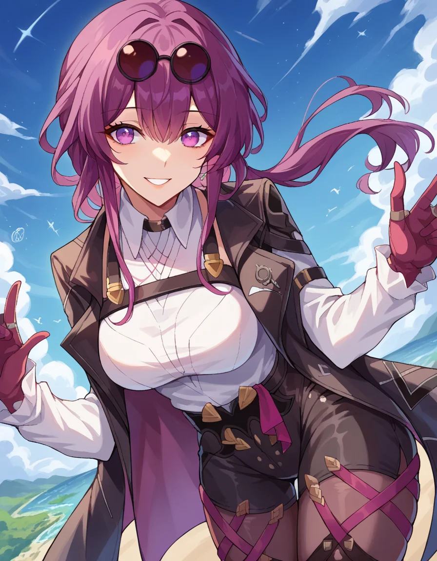 score_9, score_8_up, score_7_up, source_anime,
honkaikafka, <lora:honkai-kafka-ponyxl-lora-nochekaiser:1>,
kafka, eyewear on head, round eyewear, purple eyes, purple hair, long hair, smile,
black jacket, gloves, high-waist shorts, jacket, pantyhose, pantyhose under shorts, shirt, shorts, white shirt
outdoors, space, bent over,
looking at viewer, dutch angle, cowboy shot,