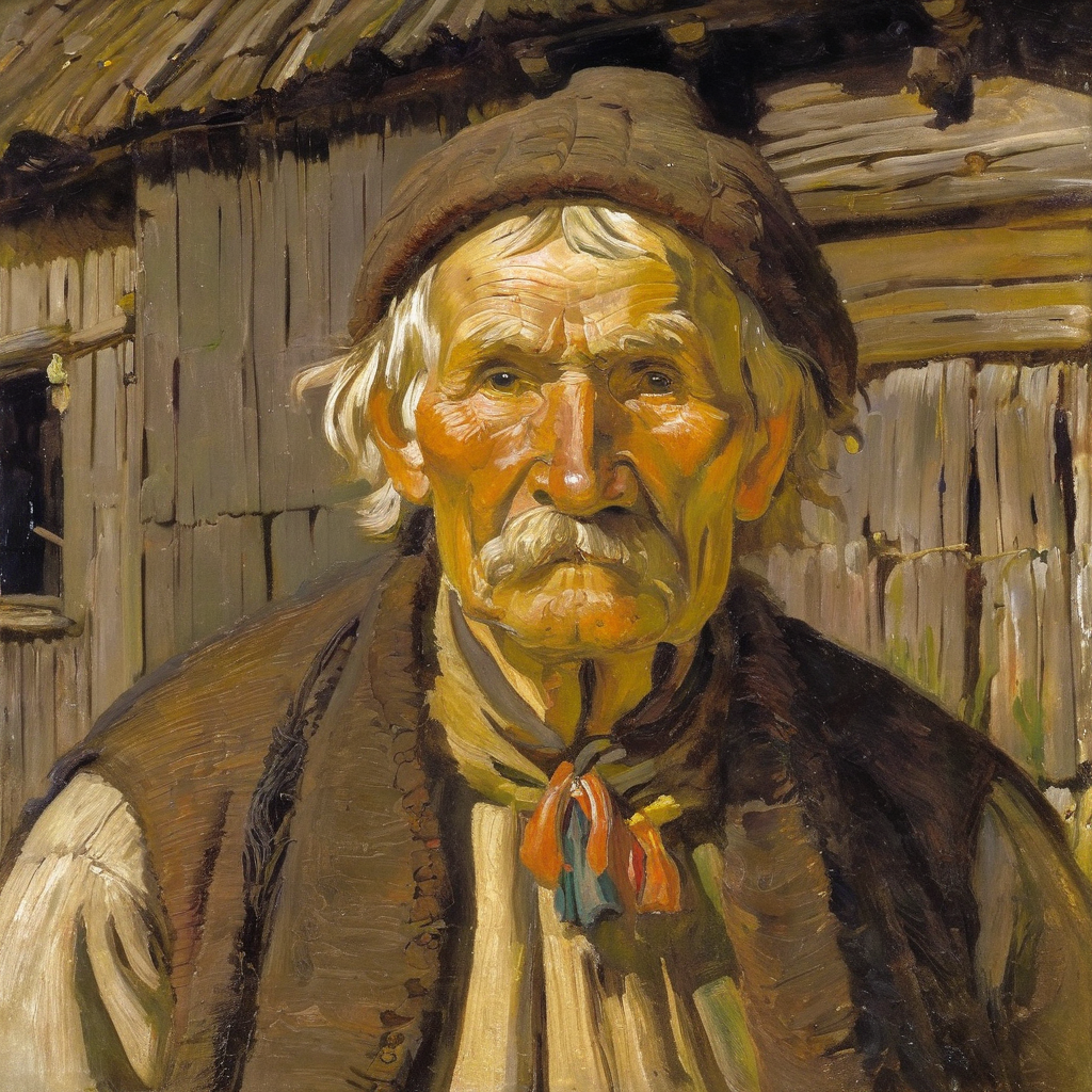 jchelmonski close-up of the face of an old peasant in the background of a wooden cottage, expressive <lora:jchelmonski:1>