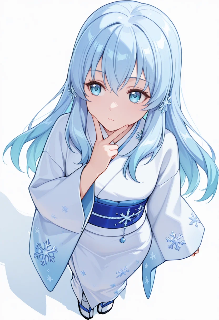 Smooth Quality,masterpiece,very intricate, high quality details, ultra realistic, high detailed skin,detailed enviorement,absurdres,
v over mouth,
<lora:Yusa_CNR:0.8> yusa_cnr,1girl, blue hair, long hair, bangs, blue eyes,snowflake hair ornament,gradient hair, yusa_cnr_def, japanese clothes, white kimono, yukata, obi, sash, sleeves past wrists, tabi,, expressionless,, simple background, white background, from above,solo,, sailor shirt, ,crop top, ,apron skirt, ,
