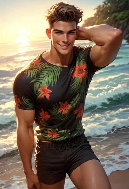 score_9,score_8_up,score_7_up, handsome 30 yo man posing, smile, black highandtight hair, hawaii shirt, beach, detailed shorts, surf shorts, looking at viewer