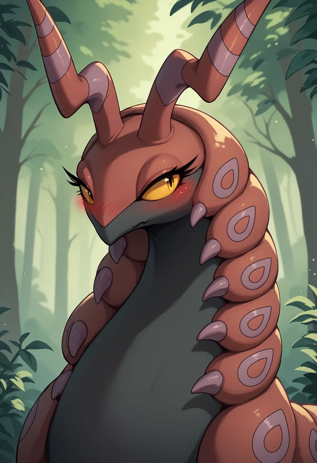 score_9, score_8_up, score_7_up, score_6_up, score_5_up, score_4_up, solo, no humans, <lora:Scolipede:0.85> 1girl, pokemon creature, colored skin, colored sclera, yellow sclera, yellow eyes, feral, upper body, long eyelashes, blush,
forest background,