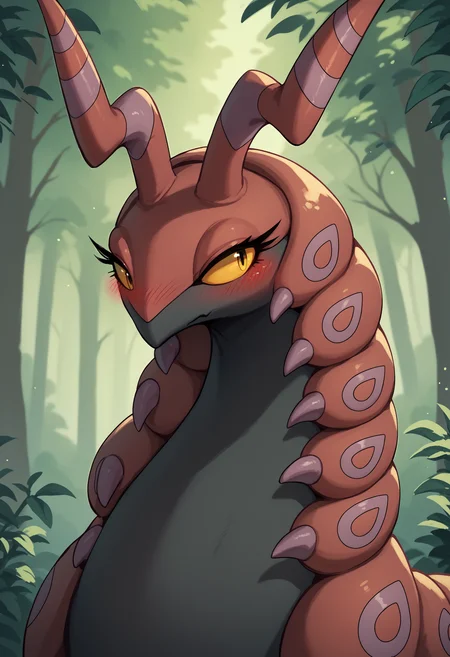 score_9, score_8_up, score_7_up, score_6_up, score_5_up, score_4_up, solo, no humans, <lora:Scolipede:0.85> 1girl, pokemon creature, colored skin, colored sclera, yellow sclera, yellow eyes, feral, upper body, long eyelashes, blush,
forest background,