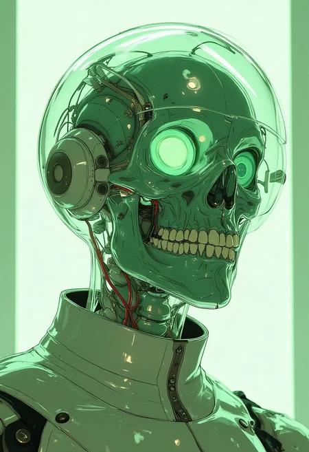 This is a highly detailed anime rendering of a human skull and neck, viewed from the side. The image is rendered in a sleek, futuristic style, with a focus on transparency and light. The skull is transparent, revealing the intricate structure of the brain, bones, and blood vessels inside. The brain is colored a vivid green, contrasting sharply with the translucent white skull and the surrounding light green background. The neck and collar of the subject are also transparent, showing the vertebrae and muscles beneath. The collar appears to be made of a smooth, glossy material, possibly a high-tech fabric or synthetic material. The skin tone of the subject is pale, with a slight greenish tint that matches the overall color scheme of the image. The background is a gradient of light green, transitioning from a brighter hue at the top to a darker shade at the bottom, creating a sense of depth and dimension. The overall aesthetic is modern and futuristic, emphasizing the human body's internal structure in a visually striking manner..
BREAK anime