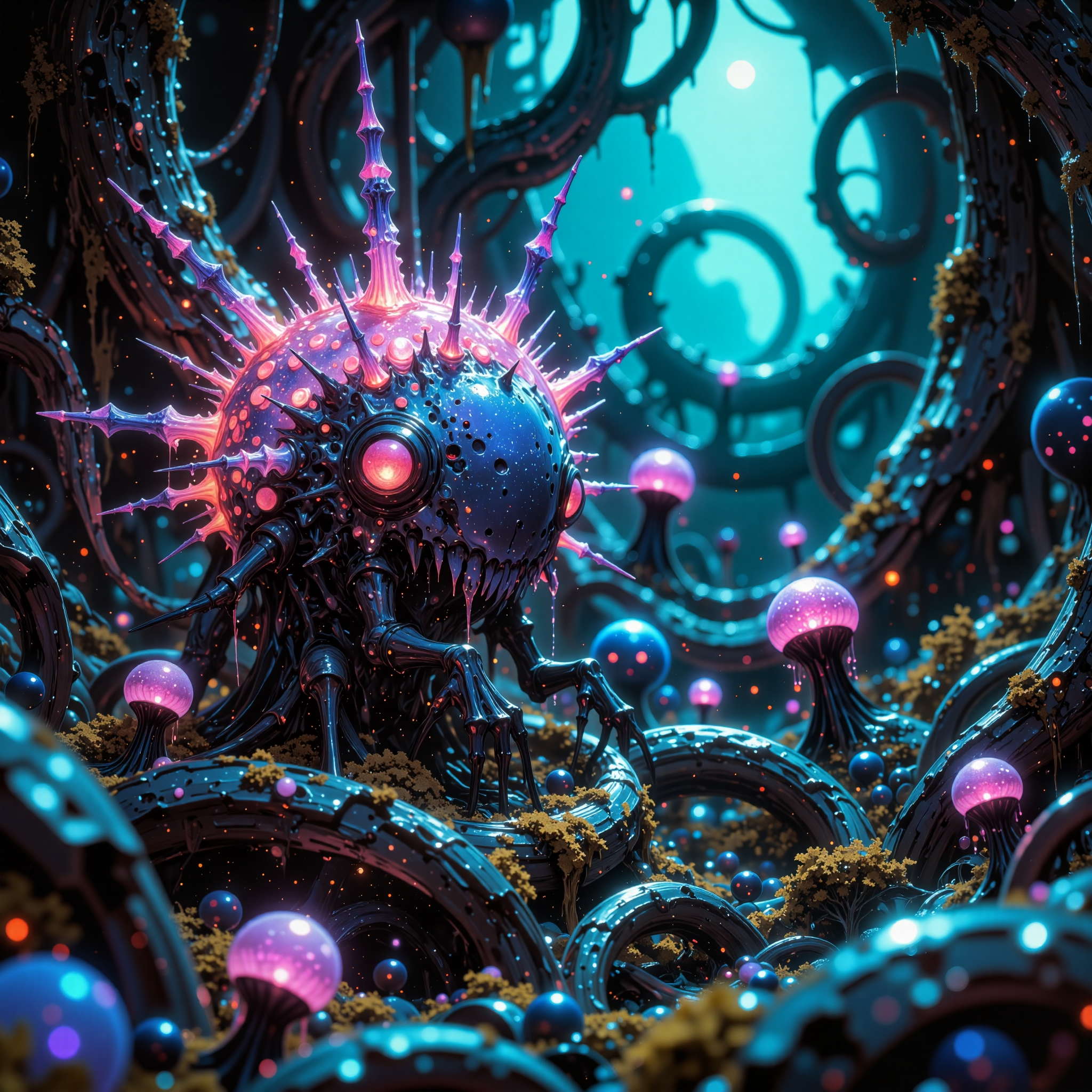 ethereal and amazing scenery on a distant world, award-winning macro photo, short depth of field, hyper realistic, ultra high definition, dim lighting, at night,  bioluminescence, subsurface scattering, the diminutive "spongy mushgolem" is a feathered creature that inhabits the dense, spiraling winklethickets of the out of the ordinary world "fumflirb ii." its vibrant, tri-colored plumage features microscopic crystals that catch the planets teal-hued sunlight, creating a dazzling, prismatic display. the creatures are known for their habit of wobblefrizzling as they drink from the vorblyborked dripping  nectar globules of the ethereal orbitflowers. the biome itself is a lush, chaotic sprawl of coiling vegetation that twists and loops in gravity-defying spirals, creature focus, very aesthetic, extremely detailed, ultra high resolution, 8k, 4k, harmonising colors, deep blue and ebony black and royal purple and eggshell white and crimson, ovg, amanoer, mi2655, an1mel1nes, <lora:style-yoshitaka_amano-elden_ring-flux-by_alicient:0.4> <lora:style-retro_anime-flux-by_lizardman245:0.28> <lora:style-ethereal_dark-midjourney-flux-by_gedogfx:0.32> <lora:style-mythic_fantasy-anime_lines-flux-by_velvets:0.52>