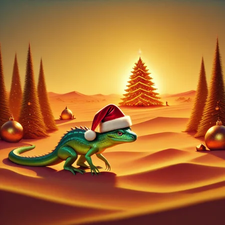 masterpiece, best quality, absurdres, animal christmas, christmas theme,
animal focus, no humans,
lizard, desert, christmas tree, christmas hat