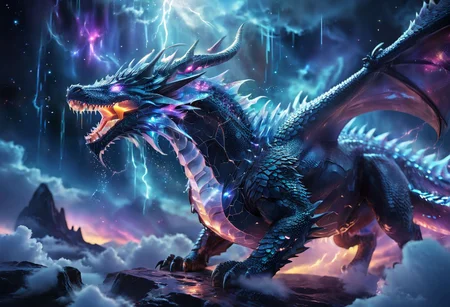 high quality, (furry white (exotic dragon)), (short hair dragon), (white sparkling fur), extremely detailed and beautiful fantasy dragon, a massive, (covered in soft, (downy fur)), with (enormous, nebula, bat-like wings) that (glimmered with ethereal starry quality), (nebula wings), translucent magical starry wings, glowing within, blue and white colors, beautiful vibrant vast (floating realm)), towering, cloud-capped peaks, (moon lit clouds) with (crystalline rivers and streams), sharp focus, intricate, (starry night sky), detailed illustration, beautiful color palette, incredible details, high contrast, high dynamic light, glowing magical moonlight, bioluminescent creature, intricately detailed, true masterpiece, dgbrth1, nebula, glowneon, glowing, sparks, lightning, an14, ghastly dragon, SyFyEye1, valley above clouds, syfyeye1, 1other, waves, pants, lens flare, <lora:SyFyEye1_XL_v1.0:1>