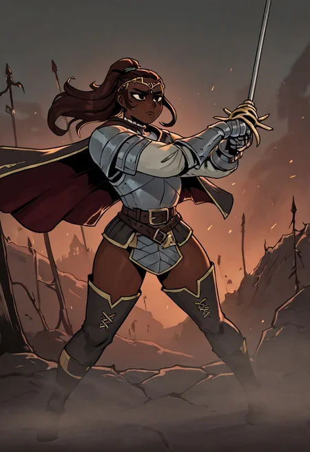 masterpiece, best quality, newest, absurdres, highres,
black eyes, shaded eyes, arbuz_budesh,
DDstyle, official style,
1girl, DDDuelist-V1.1, dark skin, dark-skinned female, armor, circlet, cape, belt, dredlocks, brown hair, gauntlets, belt,
holding, holding weapon, holding sword, sword, dynamic pose, fighting stance,