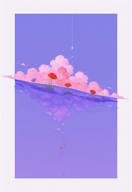masterpiece, best quality, 32k, high resolution, absurdres, HD32k, masterpiece, high detail, extremely detailed, detailed linework, dynamic composition, (realistic), flat color,
flowers, from below, isolated, poppies, red poppies, purple poppies, gradient blue background with thick white border, symmetrical clouds, flat vector illustration, swifting clouds, sky, scenery,
0__11Xx_illu, bW9t, fl4t,