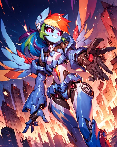 score_9, score_8_up, Rainbow dash, robot girl, mecha, metal skin, shiny skin,  black sclera, glowing eyes, smooth shading, night, city  <lora:Robotization_Pony:0.7>, score_9, score_8_up,