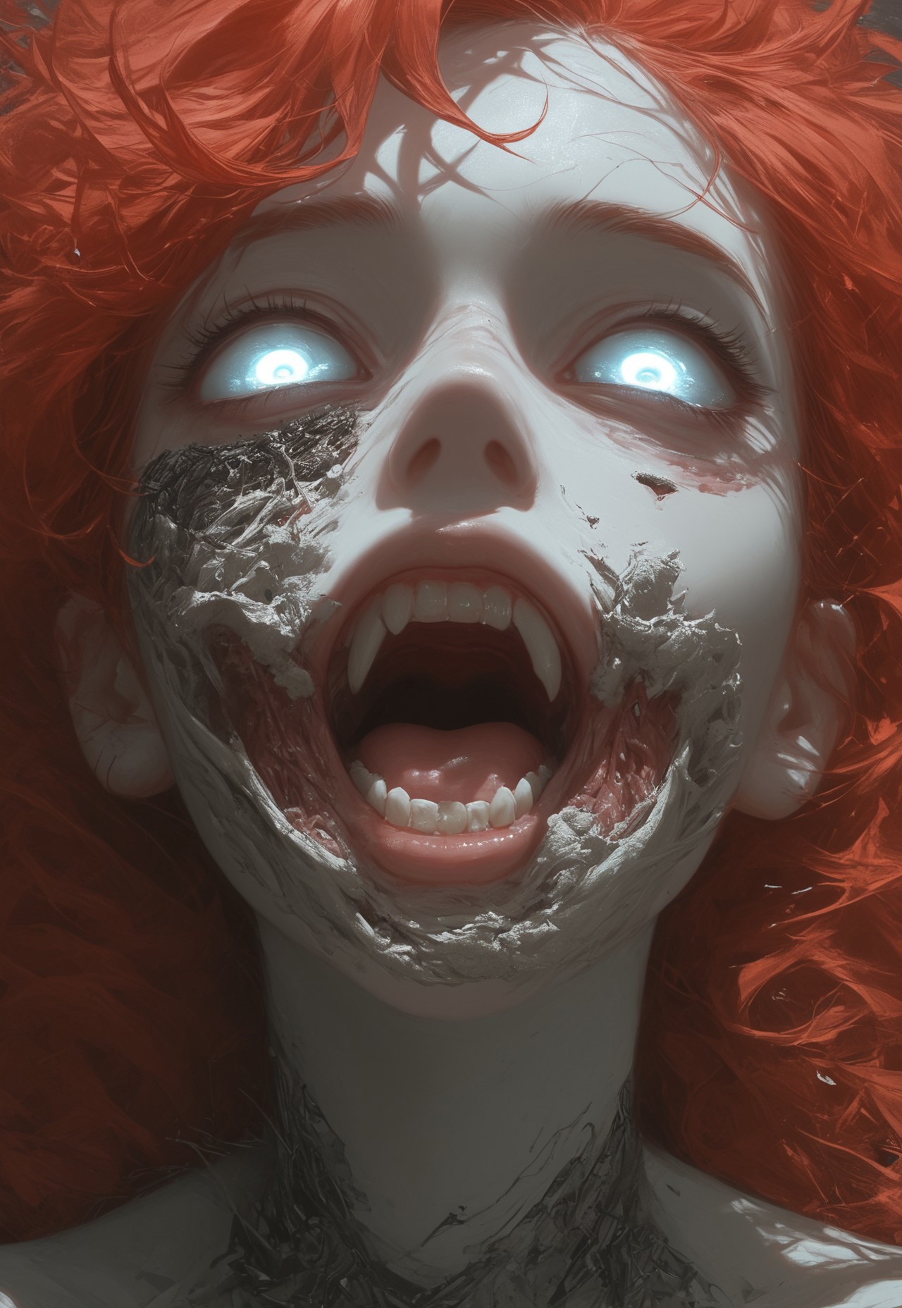 newest, safe, score_9, score_8, score_7, score_6, (masterpiece), high detail, best quality, surreal, stunning details, portrait, close up face, white eyes, glowing eyes, mouth open, fangs, glowing tattoo,
BREAK 1girl, red hair, messy hair, pale skin, perfect skin
