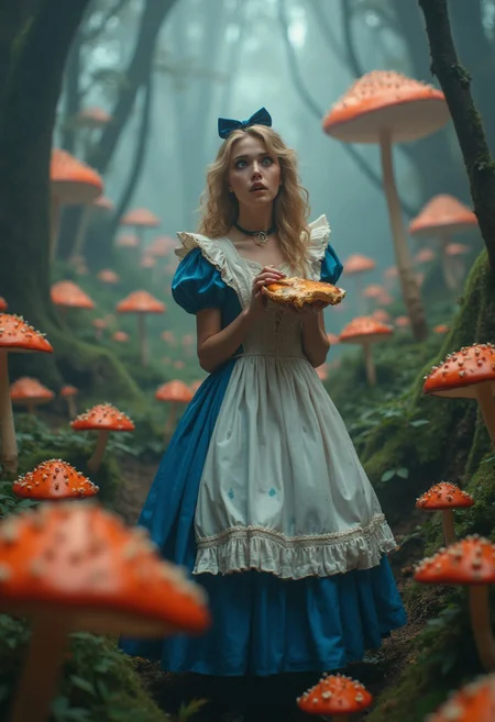 A photorealistic image of an adult Alice from Alice in Wonderland, standing in a magical mushroom forest. She is holding a half-eaten mushroom in her hand. She has wide eyes, shocked, dazed. Giant mushrooms surround her, magical colors.  In a forest, mystical fog. A scene of fantasy and realism, detailed lighting, Victorian-era dress, cowboy shot, surreal atmosphere, depth of field