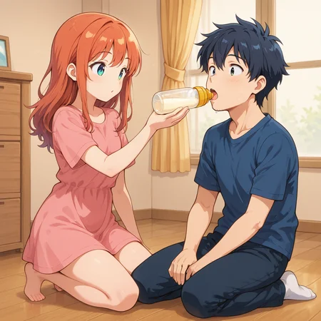 masterpiece, best quality, indoors,   1girl, 1boy, indoors, bottle feeding, full body,   <lora:ABDL__Bottle_Feeding__IL__BDSM__Multi_angle__V2:0.7>